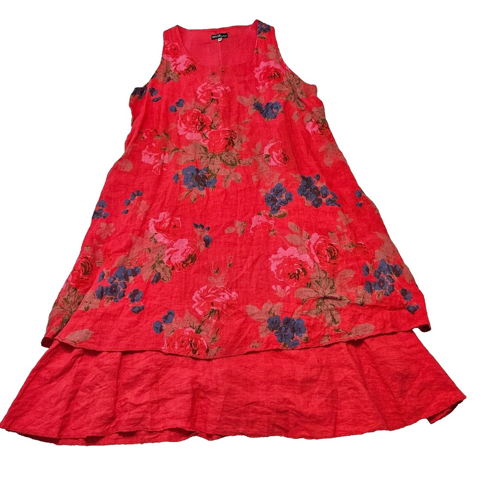 100% Lin by Strada Sz 48/US 12 Lagenlook Floral Beachy Boho Colorful Midi‎ Dress